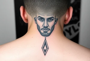 I want a portrait of Ryan Ashely’s face in line work style black. Geometric  with the middle bottom going down to a point towards my middle finger tattoo idea