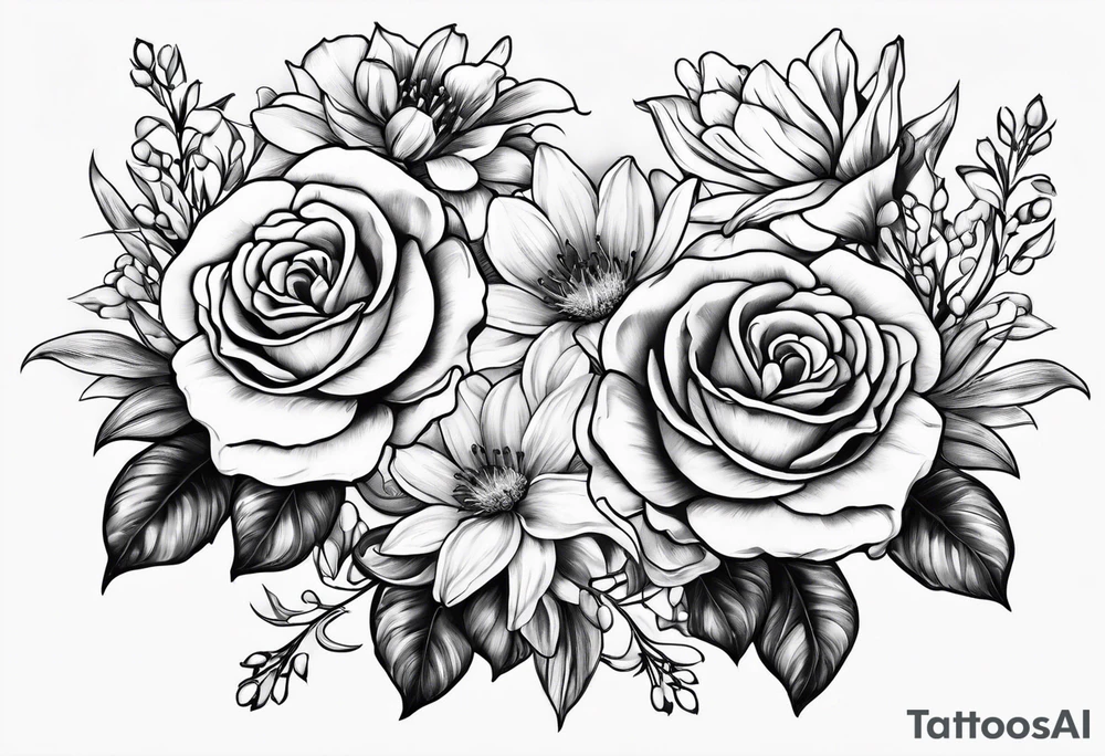 Two roses, two daisies, one daffodil, one chrysanthemum, one gladiolus, one lily of the valley tattoo idea