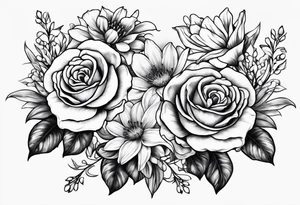 Two roses, two daisies, one daffodil, one chrysanthemum, one gladiolus, one lily of the valley tattoo idea