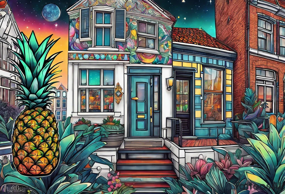 animals and pineapples feauturing Amsterdam houses and canal in universe and galaxy colours tattoo idea