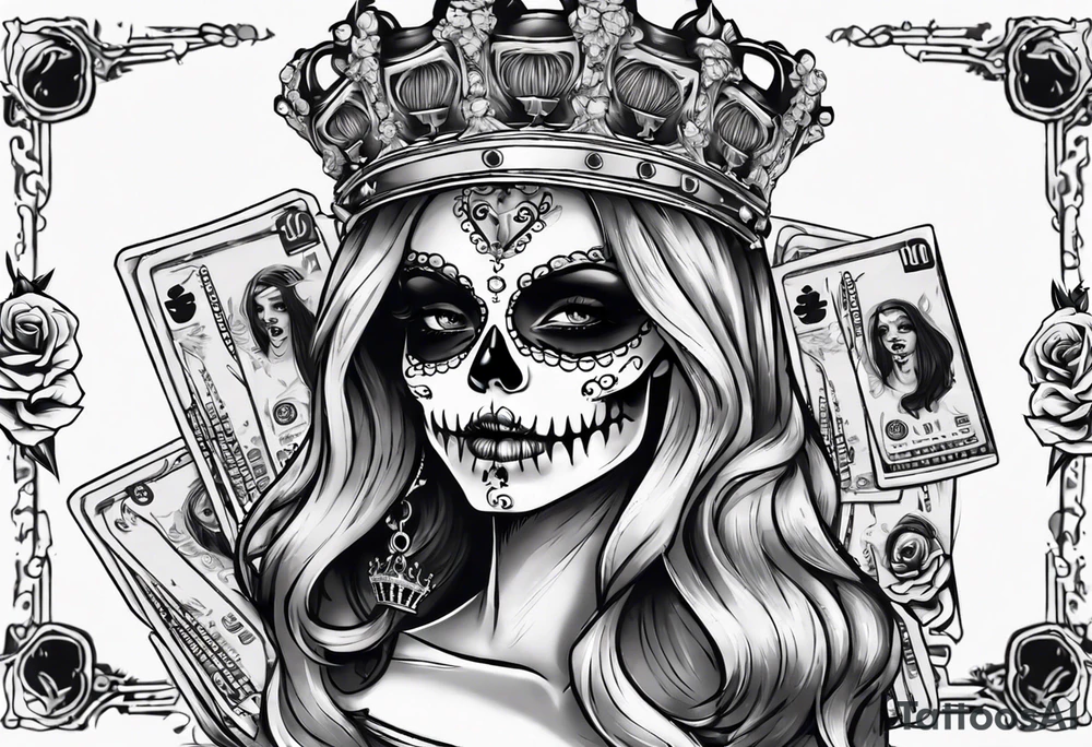 santa la muerta with money and crown
on the card tattoo idea