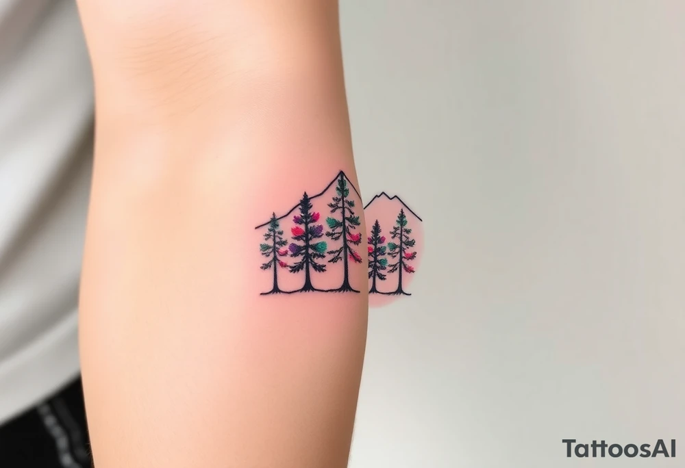 Lower forearm, trees with mountains in background, leaves on the trees are pink, purple, teal, red tattoo idea