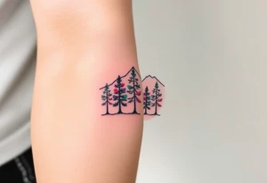 Lower forearm, trees with mountains in background, leaves on the trees are pink, purple, teal, red tattoo idea