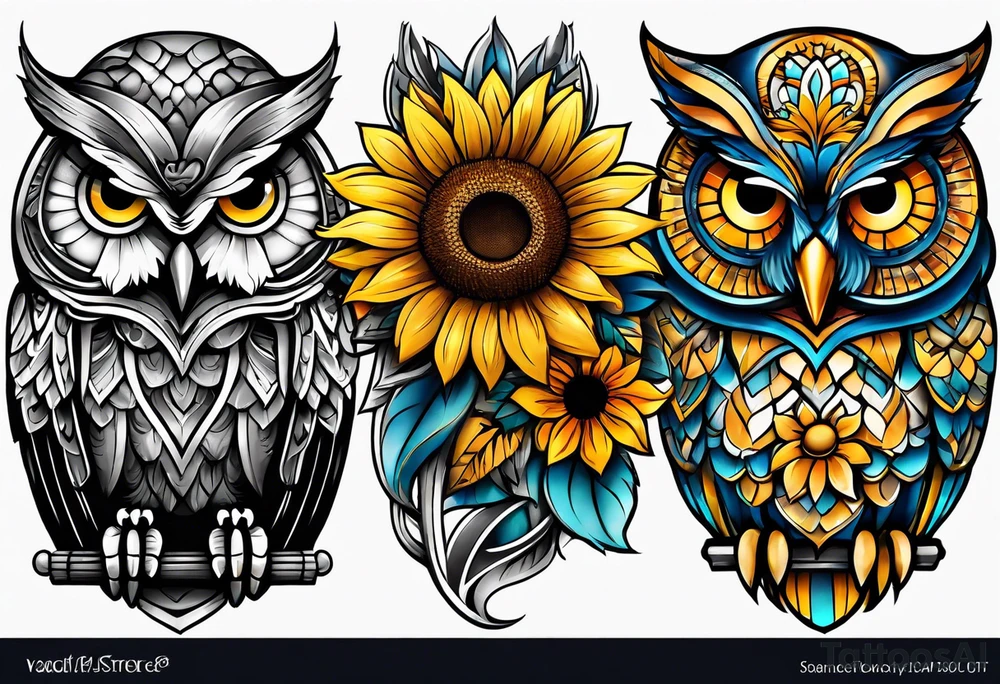 Sleeve with an owl, sunflower and butterfly tattoo idea