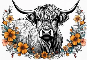 baby highland cow with the October flowers tattoo idea