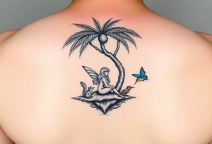 A blonde fairy sitting under a palm tree on an island with a squirrel, 
a blue butterfly, and a  hummingbird drinking from a flower. tattoo idea