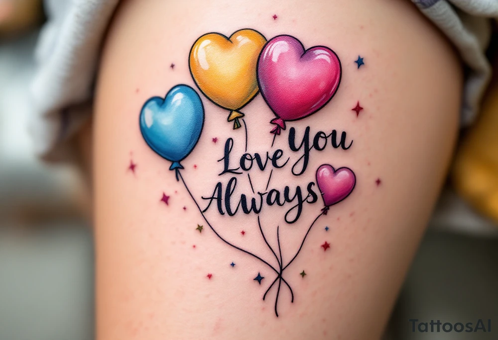 Bright balloons floating upward with “Love You Always” spelled across them in multicolor. tattoo idea