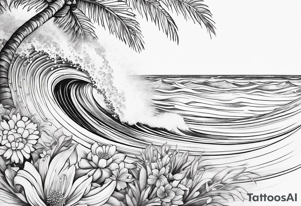 wave,, flower, palm, sea tattoo idea