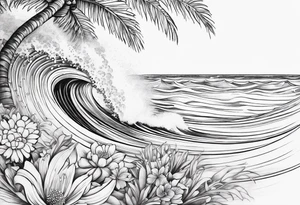 wave,, flower, palm, sea tattoo idea