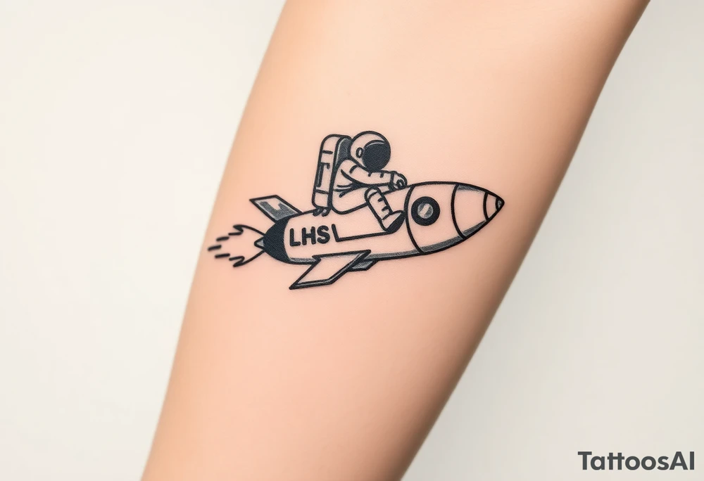 Busted Rocket ship with sparks coming out the back  with astronaut riding it. It has LHS written on it tattoo idea