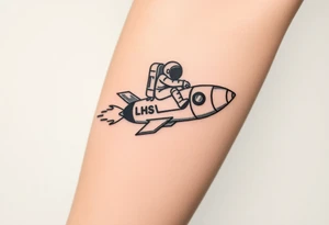 Busted Rocket ship with sparks coming out the back  with astronaut riding it. It has LHS written on it tattoo idea