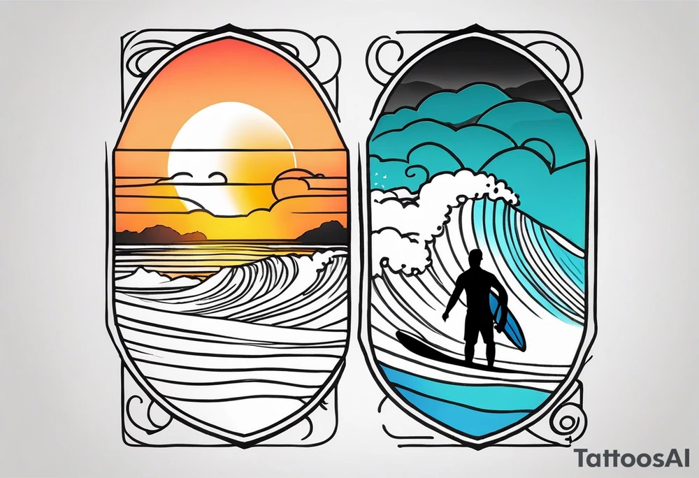 Black and white Line work tattoo depicting a father surfing in the sunset, and sharing his surfboard with his two daughters.  The sunset and horizon has musical notes. tattoo idea