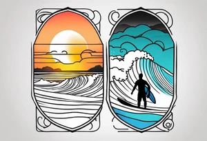 Black and white Line work tattoo depicting a father surfing in the sunset, and sharing his surfboard with his two daughters.  The sunset and horizon has musical notes. tattoo idea