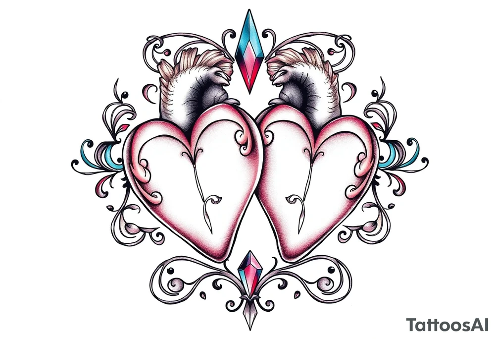Two hearts surrounded by filigree and crystal or gem accents tattoo idea
