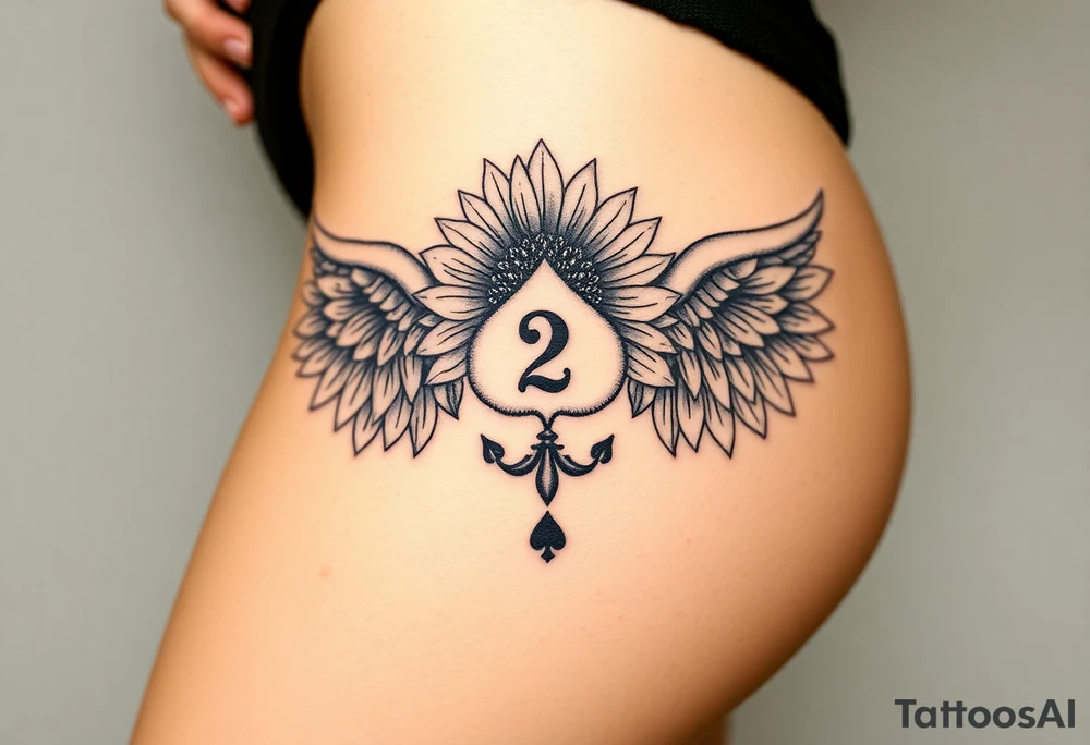 sunflower, wings, or halo with a 2 of clubs tattoo idea
