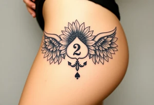 sunflower, wings, or halo with a 2 of clubs tattoo idea
