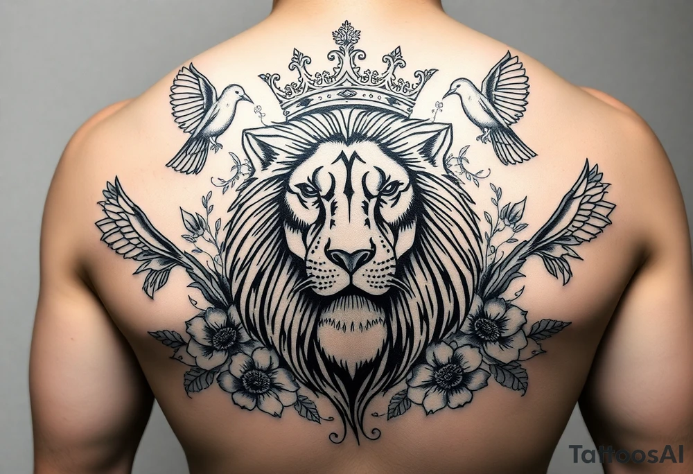 powerful majestic lion with a crown, surrounded by floral ornaments and birds tattoo idea