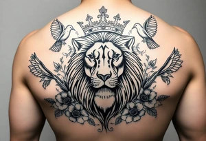 powerful majestic lion with a crown, surrounded by floral ornaments and birds tattoo idea