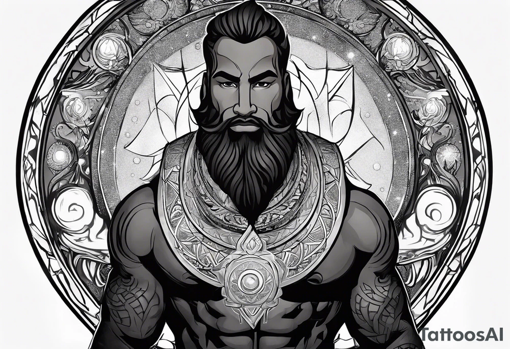Jehovah looking out at the marvels of his creation from the atoms to the galaxy and celestial beings. With grey wash and a fantasy theme. Jehovah has to be a character who is so majestic, charismatic, immensely powerful. There isnt a single thing he isnt capable of doing. Infinitely powerful forward facing tattoo idea
