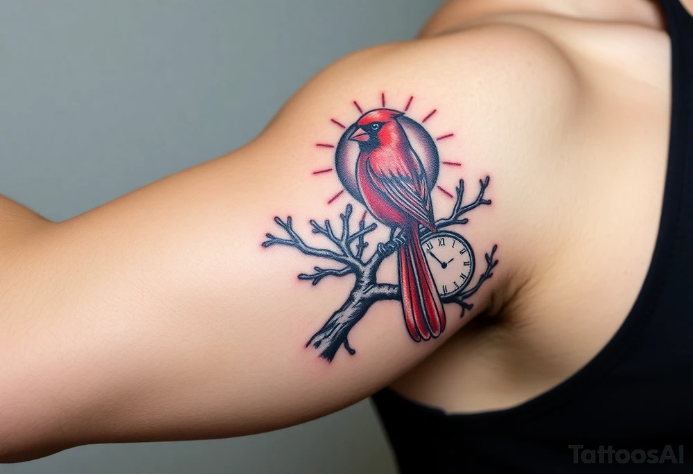 Create an image for a half sleeve tattoo on the right arm of a man.  The tattoo should incorporate a red cardinal bird on a tree branch with a sun and a clock.  It should also incorporate a quote of "Happiness is not by chance but by choice". tattoo idea