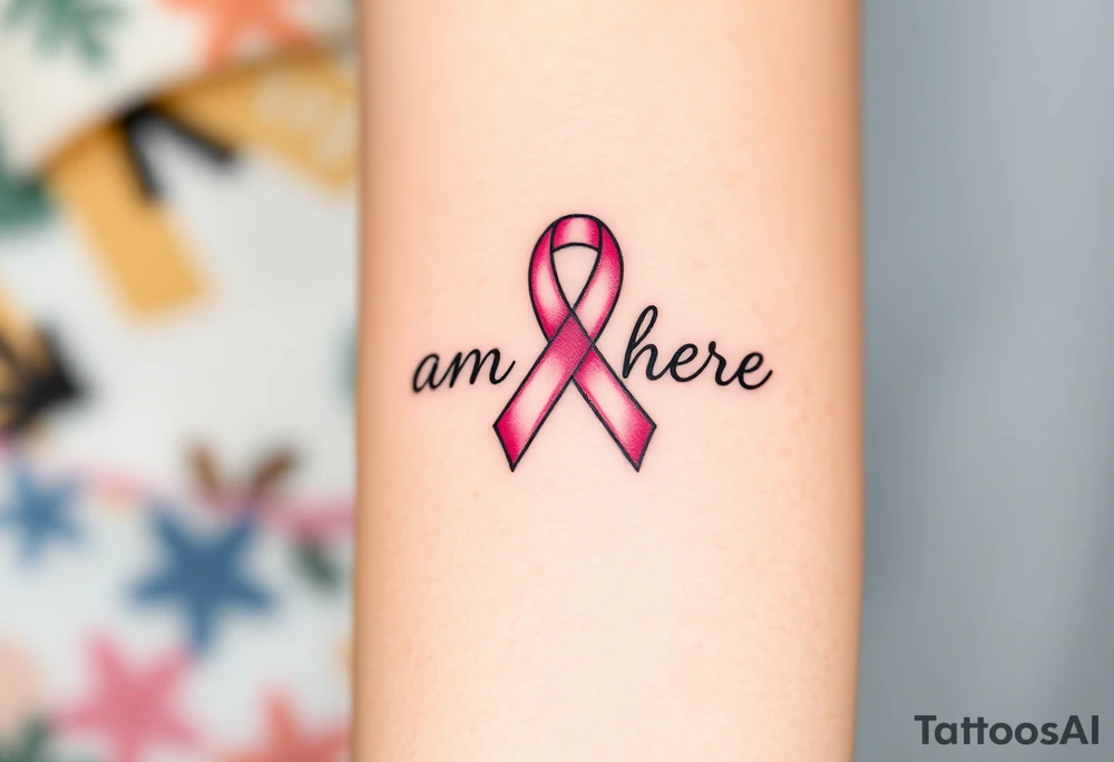 ‘I am here’ with breast cancer pink ribbon as I with Hawaiian theme tattoo idea