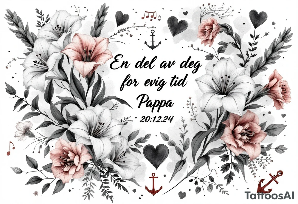 «En del av deg for evig tid
Pappa 20.12.24» Surrounded by long gladiolus, hearts, notes and an anchor tattoo idea