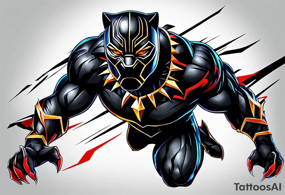 unique black panther tattoo, dynamic pose, showcasing its strength and grace, striking red eyes, intense and captivating elements, artistic flair, blending realism with abstract elements tattoo idea