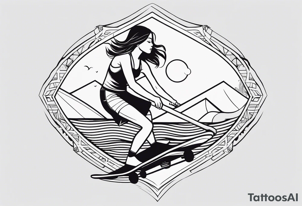 A girl that surfs on a longboard in a very elegant style and it should be very minimalistic and fineline tattoo idea