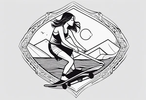A girl that surfs on a longboard in a very elegant style and it should be very minimalistic and fineline tattoo idea