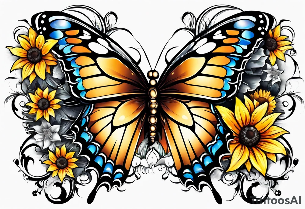 Sleeve with angel wings, sunflower and butterfly tattoo idea