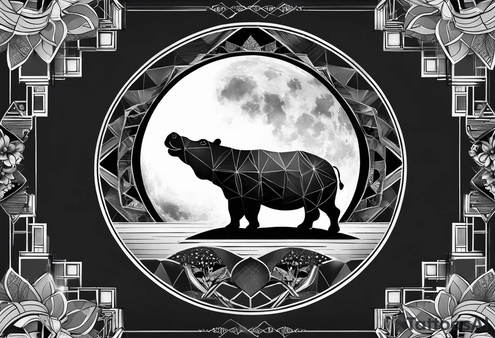 Very asymmetrical, +geometric pattern, with realistic full moon, with hippo,+tribal, +geometric, +inkart , +blackwork, +grey scale, + sketch
with wintersweet flower bud, +inkart touch, +for men, detailed , combined favourite , tattoo idea
