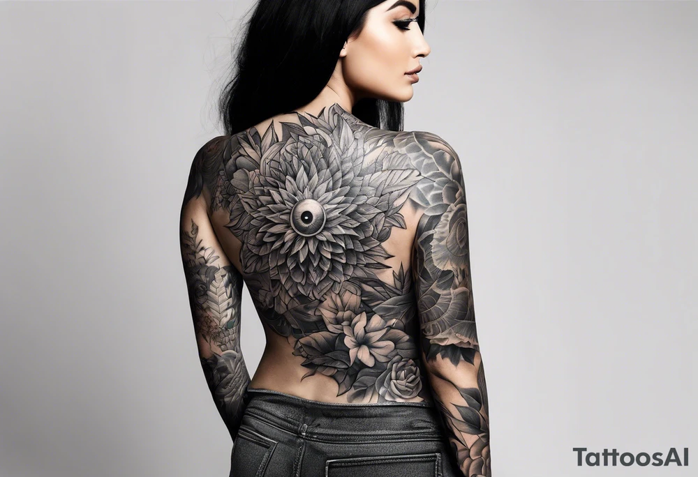 sleeve tattoo with all-seeing eye and jungle plants tattoo idea