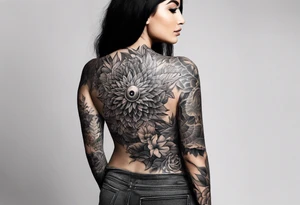 sleeve tattoo with all-seeing eye and jungle plants tattoo idea