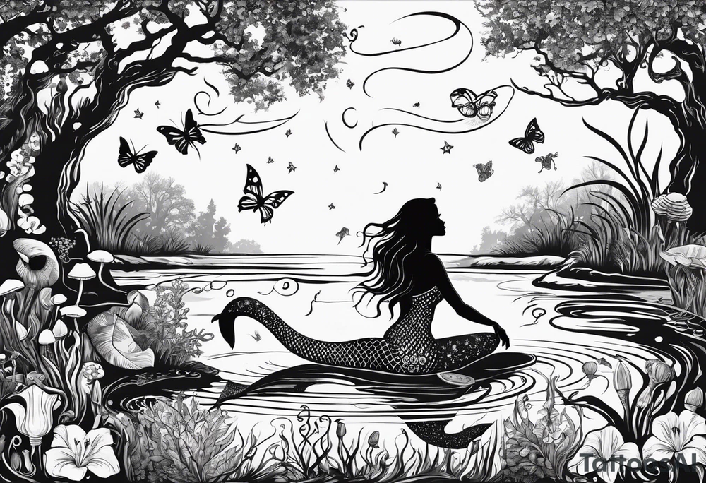 Mermaid silhouette surrounded by musical notes in a Louisiana bayou that has cypress trees, mushrooms, lily pads, frogs, and bugs tattoo idea