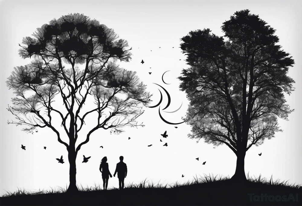 two tall silhouettes of trees and a small person standing between them with the symbol |-/ hidden somewhere in the design tattoo idea