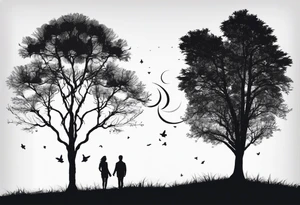 two tall silhouettes of trees and a small person standing between them with the symbol |-/ hidden somewhere in the design tattoo idea
