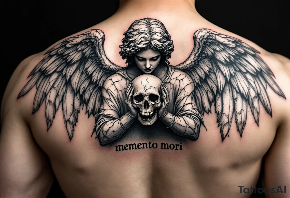 An angel statue cracked and weathered, holding a skull in grayscale, with "memento mori" carved in stone beneath. tattoo idea