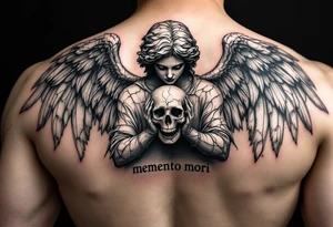 An angel statue cracked and weathered, holding a skull in grayscale, with "memento mori" carved in stone beneath. tattoo idea