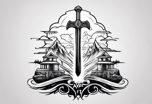 Valhalla 
 sword stairs axe mist fog tattoo idea