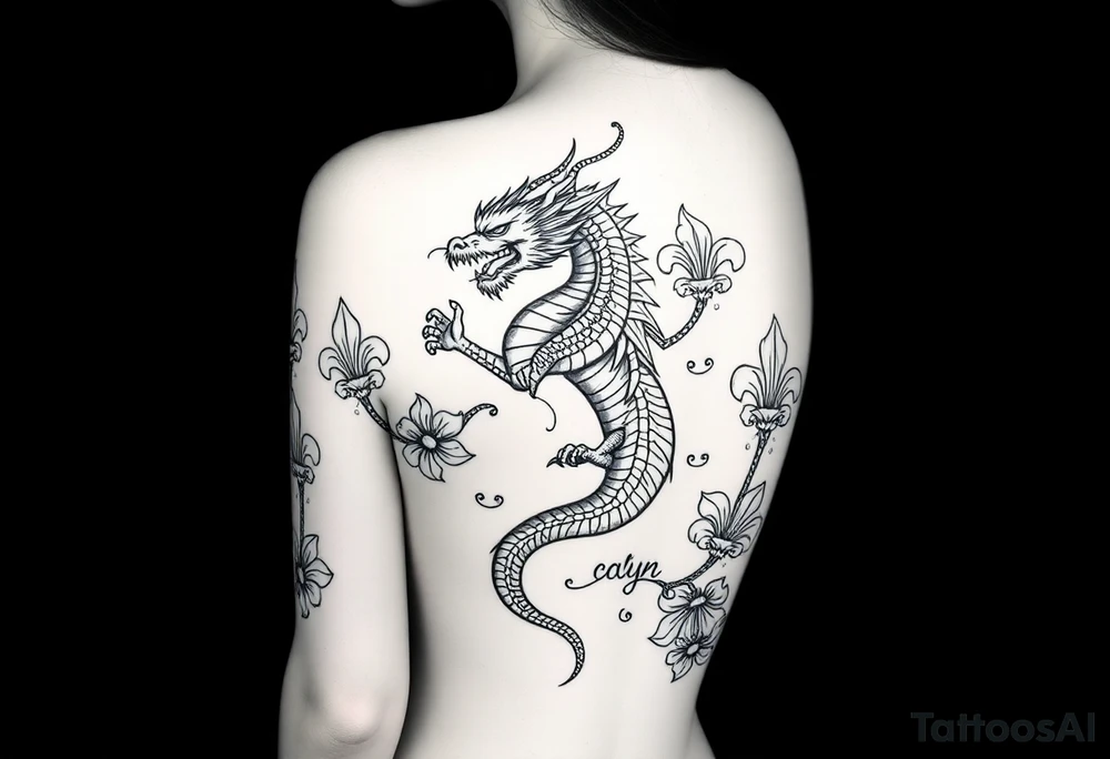 un dragon central entouré de fleurs de lys de style avec des ombrages dans un style assez fin tattoo idea