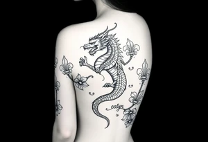 un dragon central entouré de fleurs de lys de style avec des ombrages dans un style assez fin tattoo idea