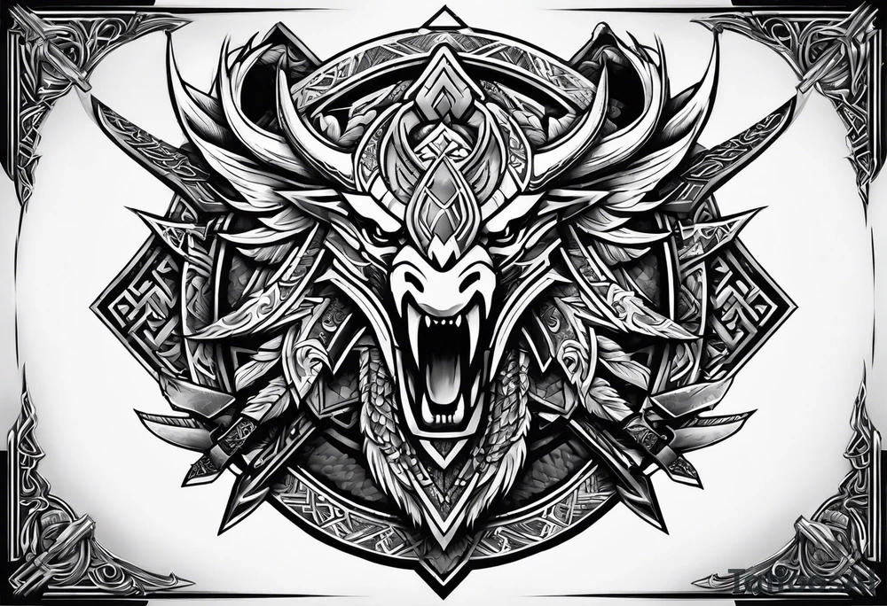 Valhalla sword shield dragon axe Valknut tribal tattoo idea Valhalla sword shield dragon axe Valknut tribal tattoo idea