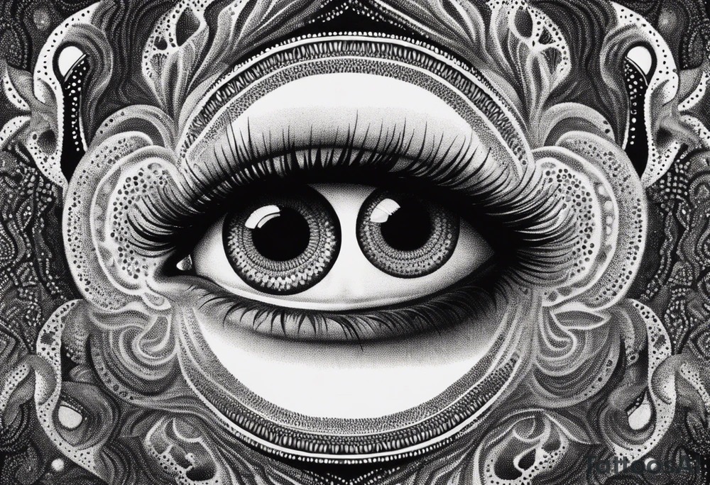 Design a tattoo resembling psychodelic experience, mysterious and a bit scary with psychedelic all seeing eyes around tattoo idea