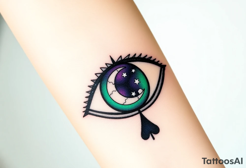 Large outline of an almond shaped eye with an ace of spades for the eyeball colored greenish blue with a crescent moon stars and clouds inside vivid colors blue green purple tattoo idea