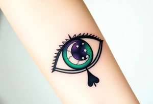 Large outline of an almond shaped eye with an ace of spades for the eyeball colored greenish blue with a crescent moon stars and clouds inside vivid colors blue green purple tattoo idea