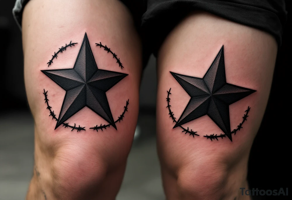 Solid black stars with barbed wire borders, centered on each kneecap, combining simplicity with toughness. tattoo idea