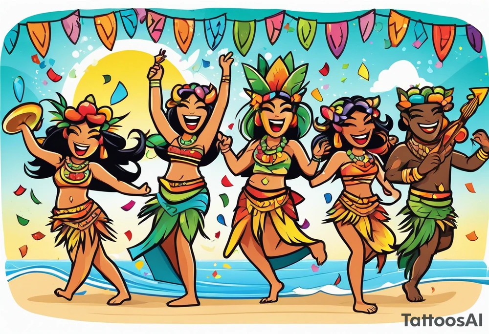 hulu tiki party with dancing tiki guys and sexy tiki girls on a beach with music notes and confetti around a blank space in the middle tattoo idea