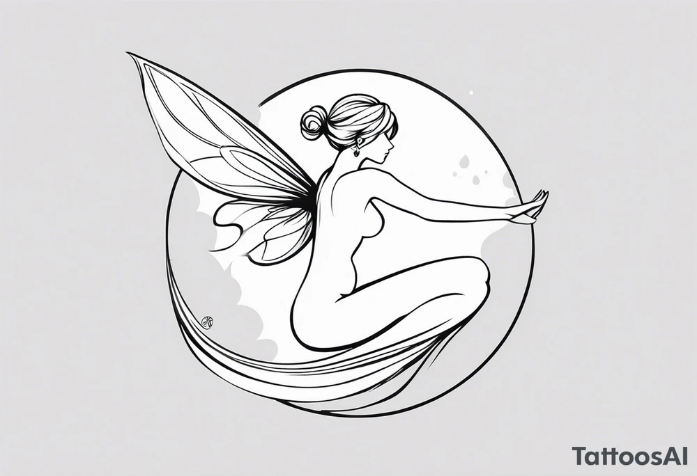 Minimalistic, monochromatic fairy with a tail flying to the left in a fetal position, leaning and looking in the same direction, with visible hands, embodying the 'Fairy Tail' logo aesthetic. tattoo idea