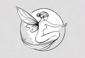Minimalistic, monochromatic fairy with a tail flying to the left in a fetal position, leaning and looking in the same direction, with visible hands, embodying the 'Fairy Tail' logo aesthetic. tattoo idea