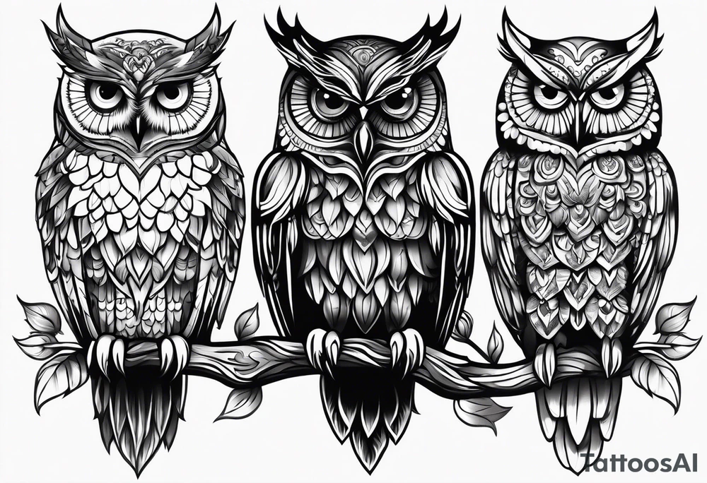 Black and white owl with sunflowers leg sleeve tattoo idea